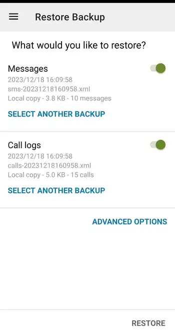 SMS Backup & Restore 復元対象選択