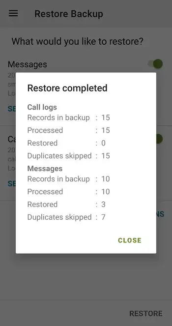 SMS Backup & Restore 復元の完了