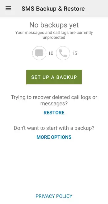 SMS Backup & Restore 初期状態のホーム画面