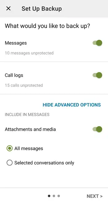 SMS Backup & Restore バックアップ対象選択画面